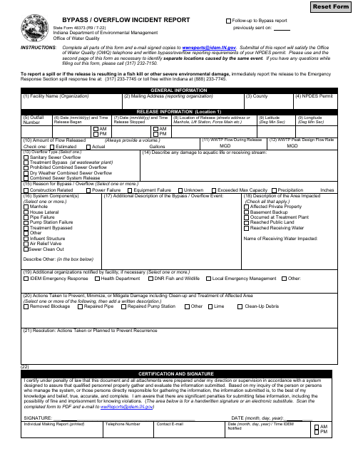 State Form 48373 Bypass/Overflow Incident Report - Indiana