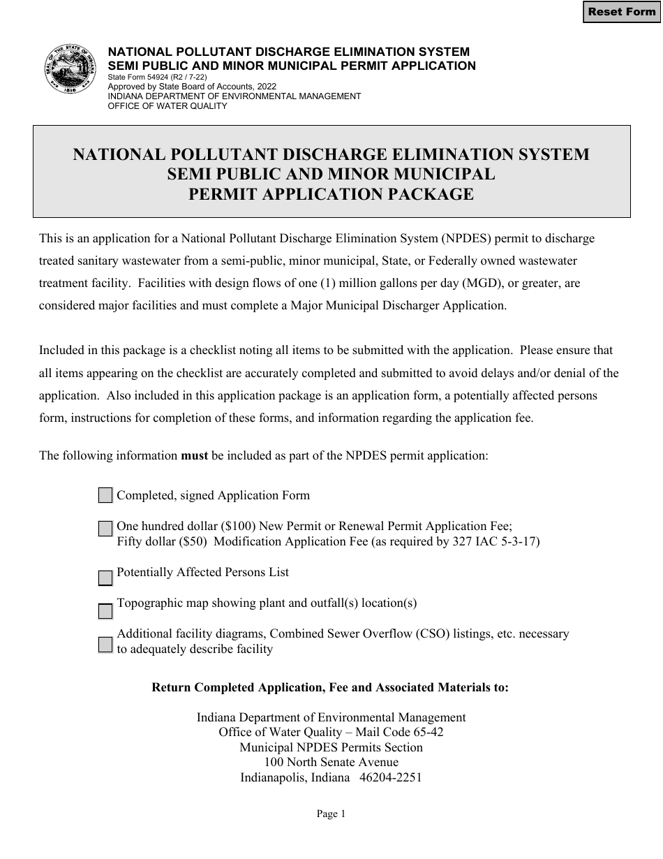 State Form 54924 National Pollutant Discharge Elimination System Semi Public and Minor Municipal Permit Application - Indiana, Page 1
