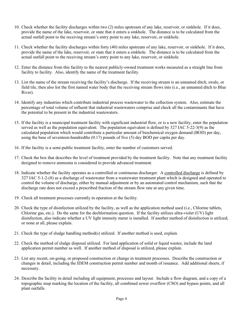 State Form 54924 National Pollutant Discharge Elimination System Semi Public and Minor Municipal Permit Application - Indiana, Page 4