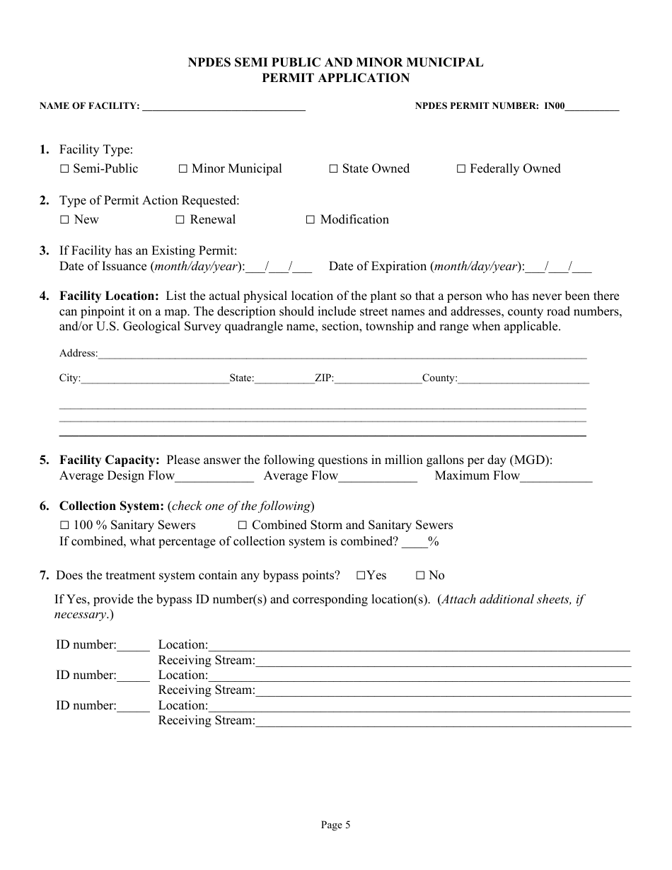 State Form 54924 National Pollutant Discharge Elimination System Semi Public and Minor Municipal Permit Application - Indiana, Page 5