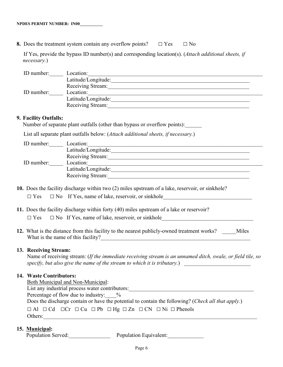 State Form 54924 National Pollutant Discharge Elimination System Semi Public and Minor Municipal Permit Application - Indiana, Page 6