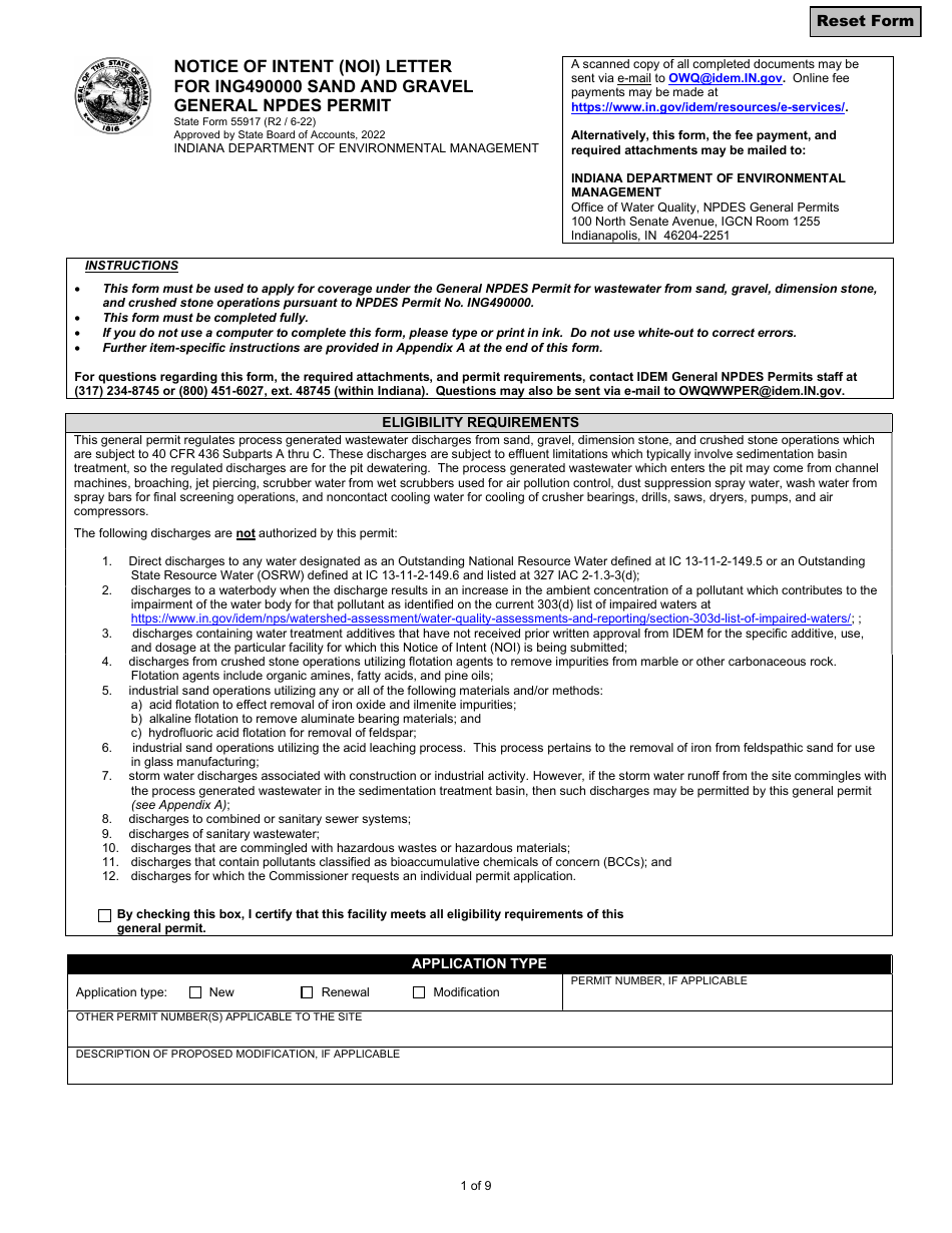 State Form 55917 Notice of Intent (Noi) Letter for Ing490000 Sand and Gravel General Npdes Permit - Indiana, Page 1