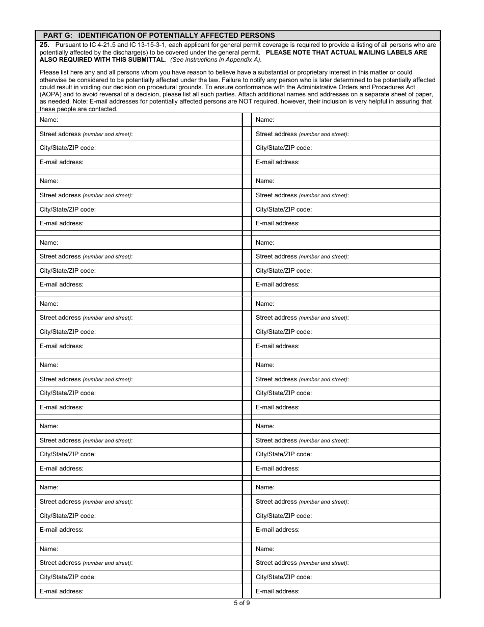 State Form 55917 Notice of Intent (Noi) Letter for Ing490000 Sand and Gravel General Npdes Permit - Indiana, Page 5
