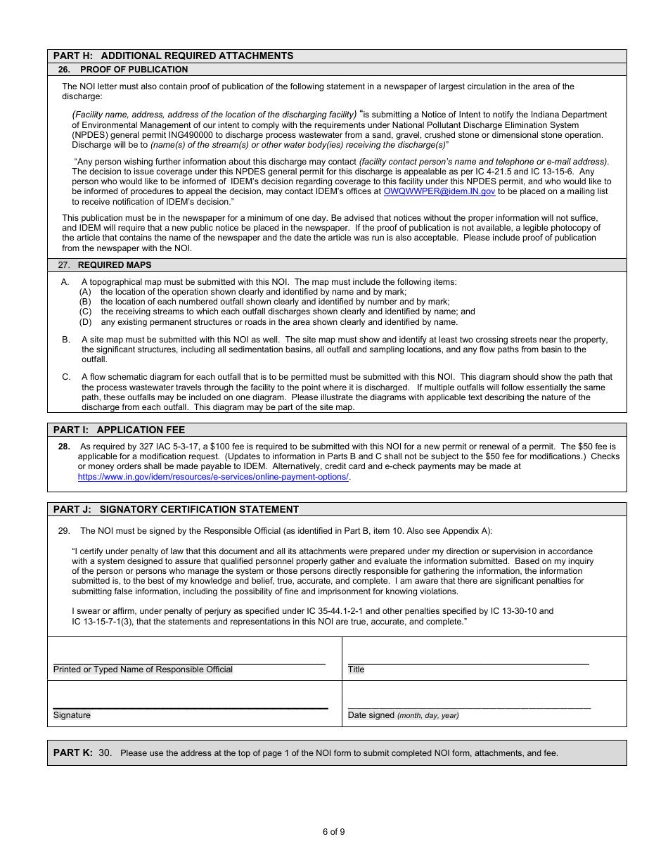 State Form 55917 Notice of Intent (Noi) Letter for Ing490000 Sand and Gravel General Npdes Permit - Indiana, Page 6