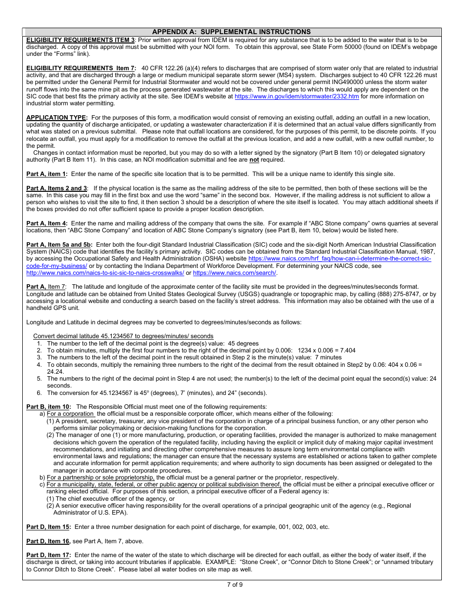 State Form 55917 Notice of Intent (Noi) Letter for Ing490000 Sand and Gravel General Npdes Permit - Indiana, Page 7