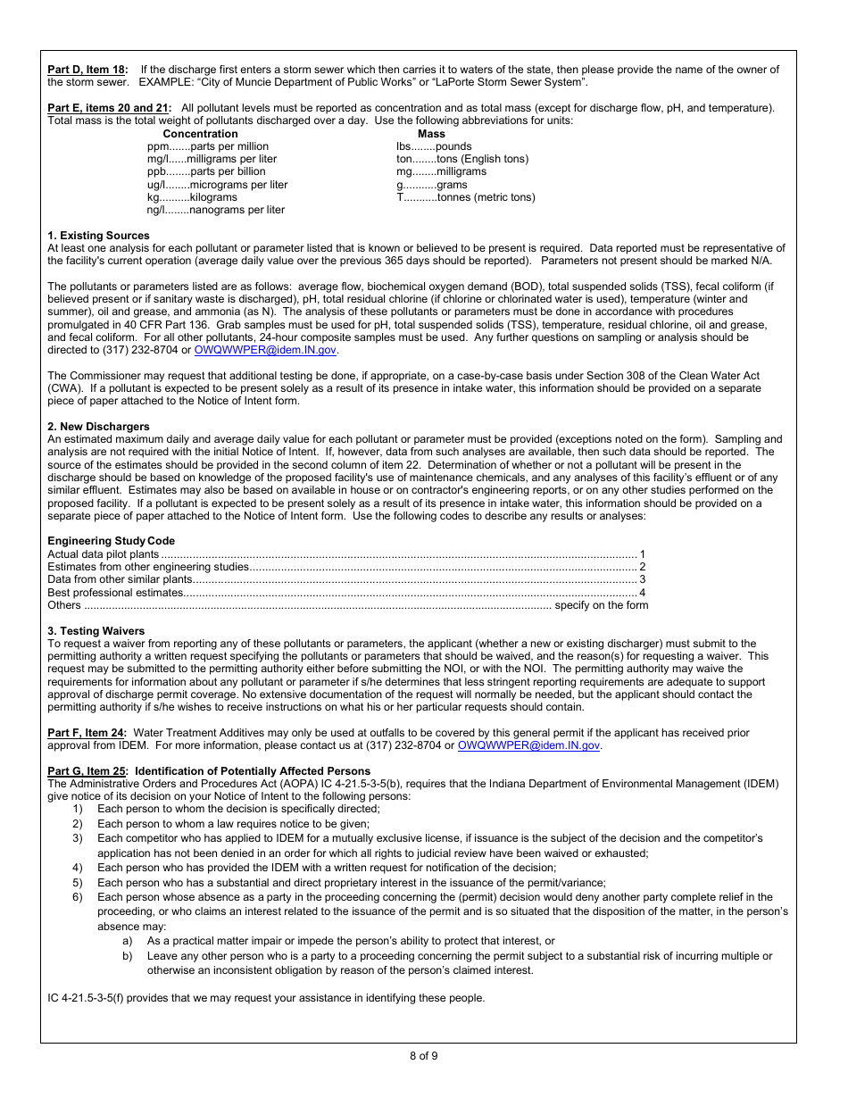 State Form 55917 Notice of Intent (Noi) Letter for Ing490000 Sand and Gravel General Npdes Permit - Indiana, Page 8
