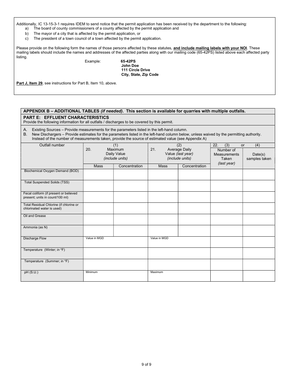 State Form 55917 Notice of Intent (Noi) Letter for Ing490000 Sand and Gravel General Npdes Permit - Indiana, Page 9