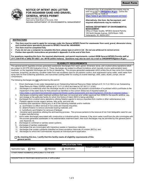 State Form 55917 Notice of Intent (Noi) Letter for Ing490000 Sand and Gravel General Npdes Permit - Indiana