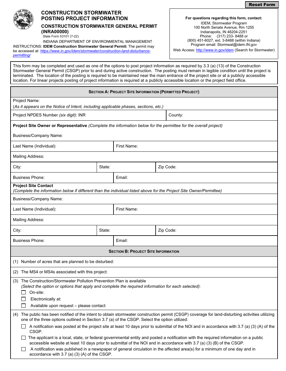 State Form 53101 Construction Stormwater General Permit (Inra00000) - Indiana, Page 1