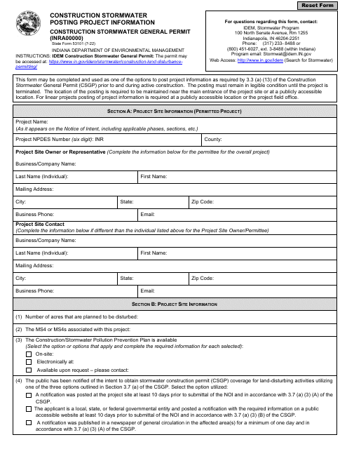 State Form 53101 Construction Stormwater General Permit (Inra00000) - Indiana