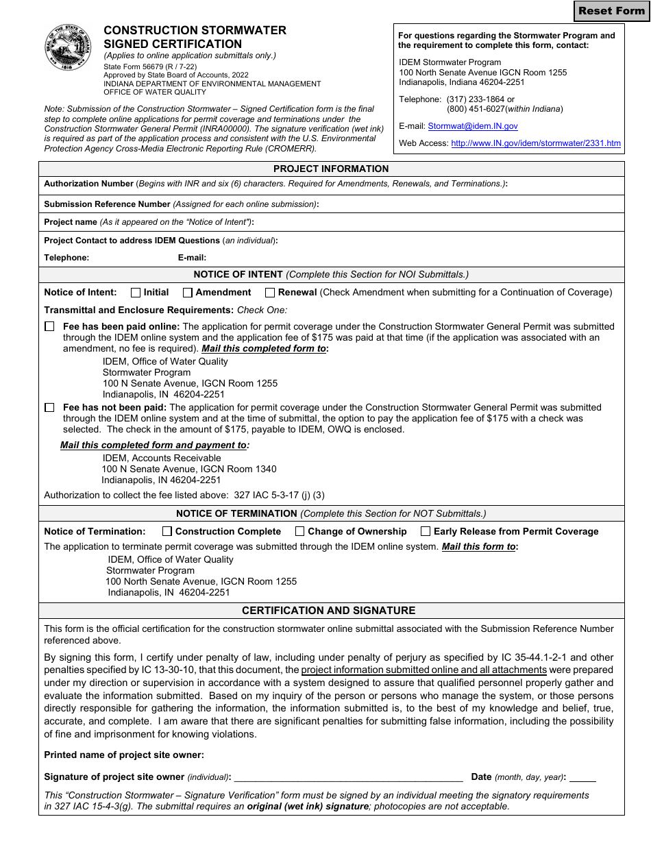 State Form 56679 Construction Stormwater Signed Certification - Indiana, Page 1