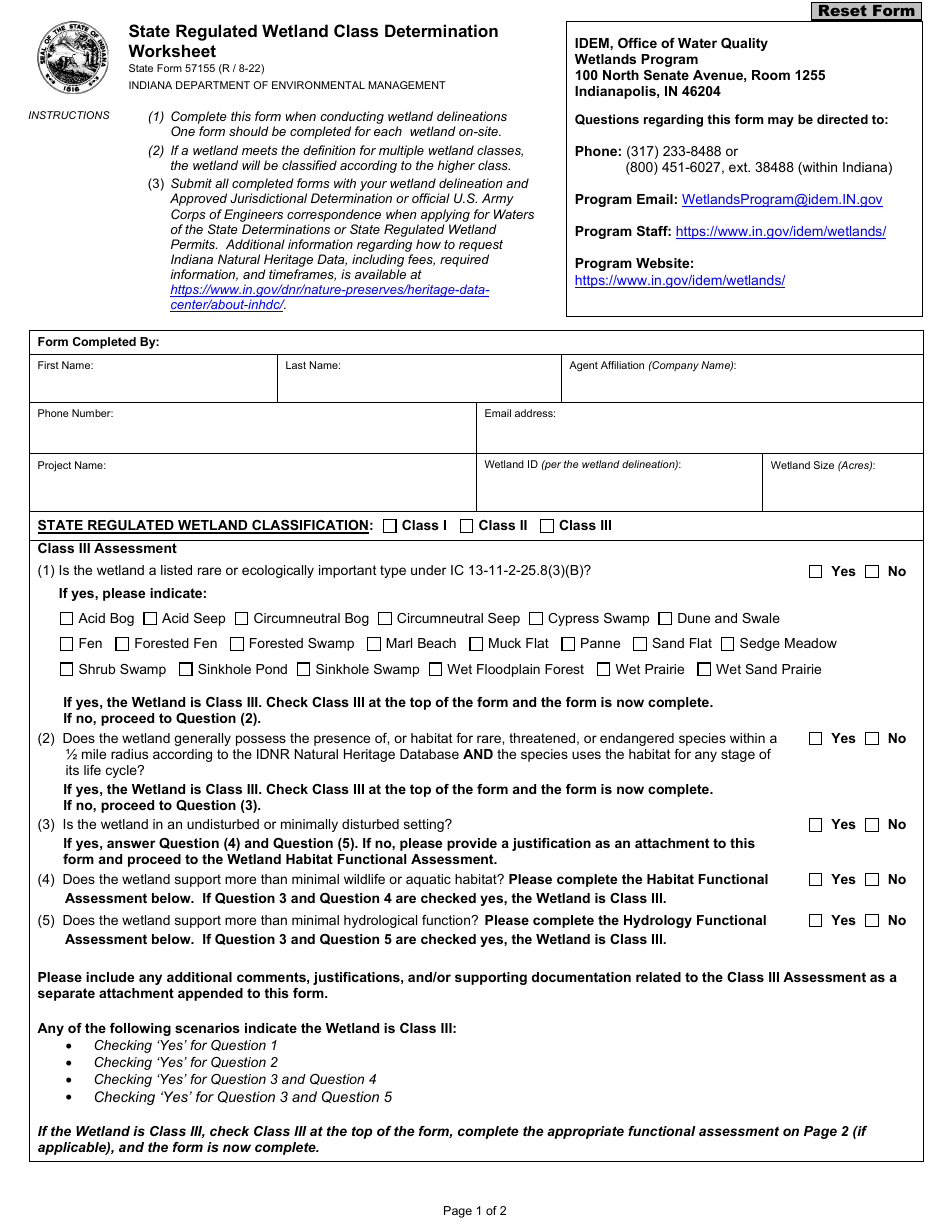 State Form 57155 State Regulated Wetland Class Determination Worksheet - Indiana, Page 1