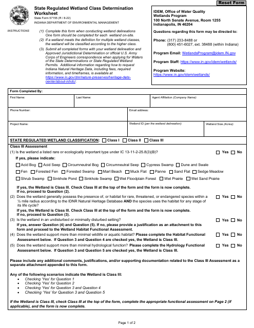 State Form 57155 State Regulated Wetland Class Determination Worksheet - Indiana