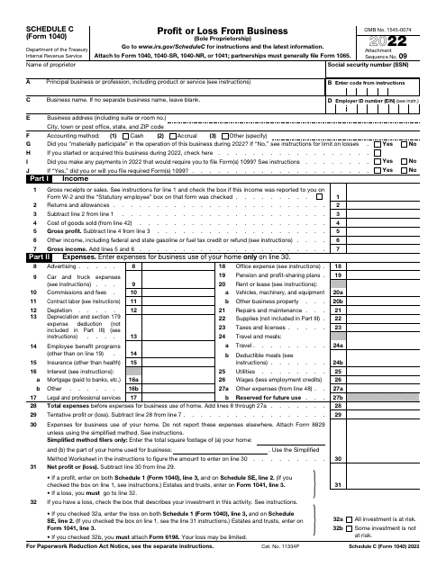 IRS Form 1040 Schedule C 2022 Printable Pdf