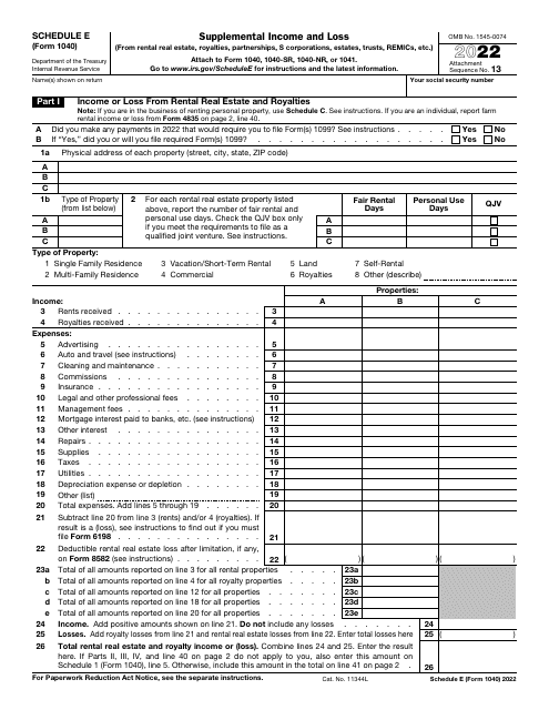 IRS Form 1040 Schedule E 2022 Printable Pdf