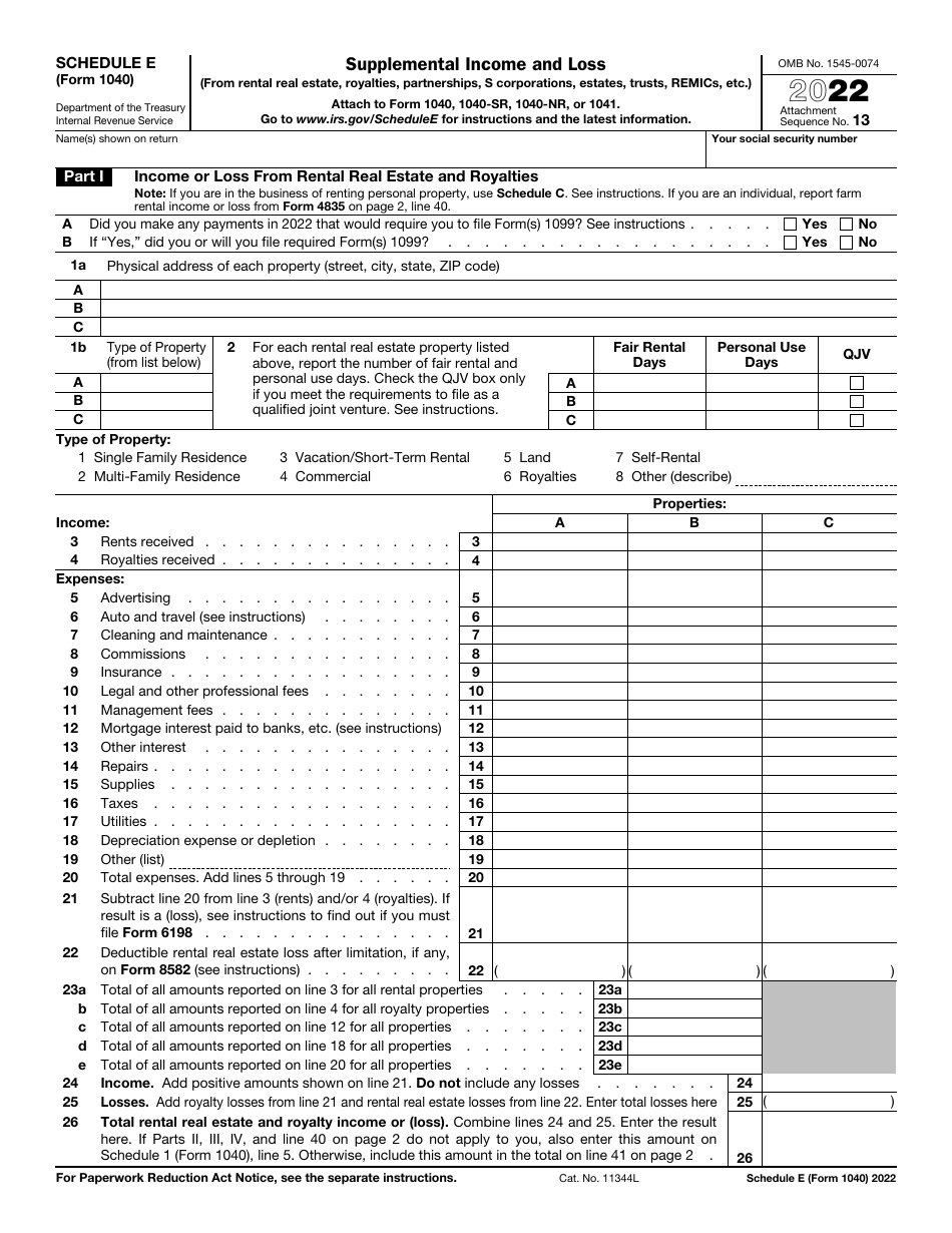 IRS Form 1040 Schedule E Download Fillable PDF or Fill Online ...