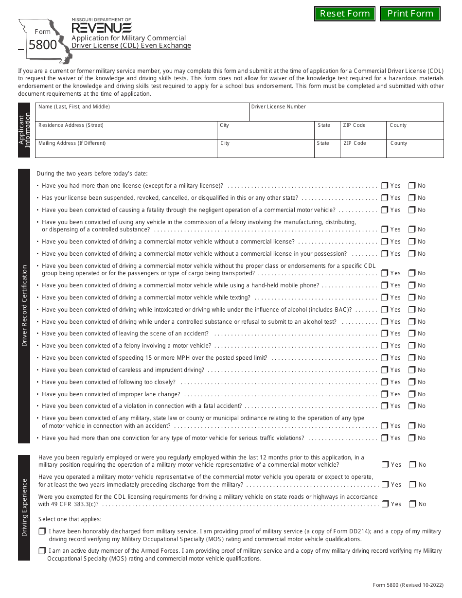 Form 5800 Application for Military Commercial Driver License (Cdl) Even Exchange - Missouri, Page 1