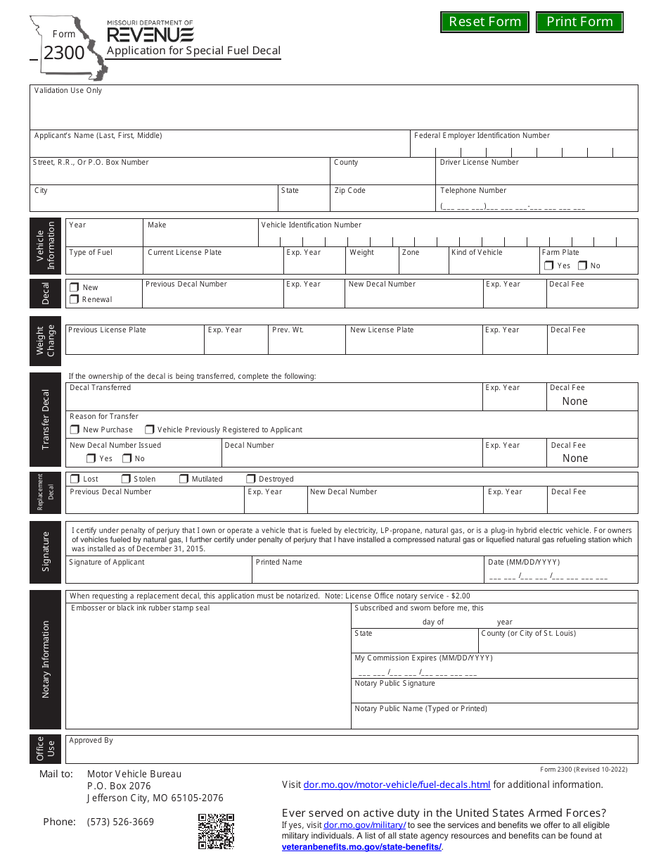 Form 2300 Application for Special Fuel Decal - Missouri, Page 1