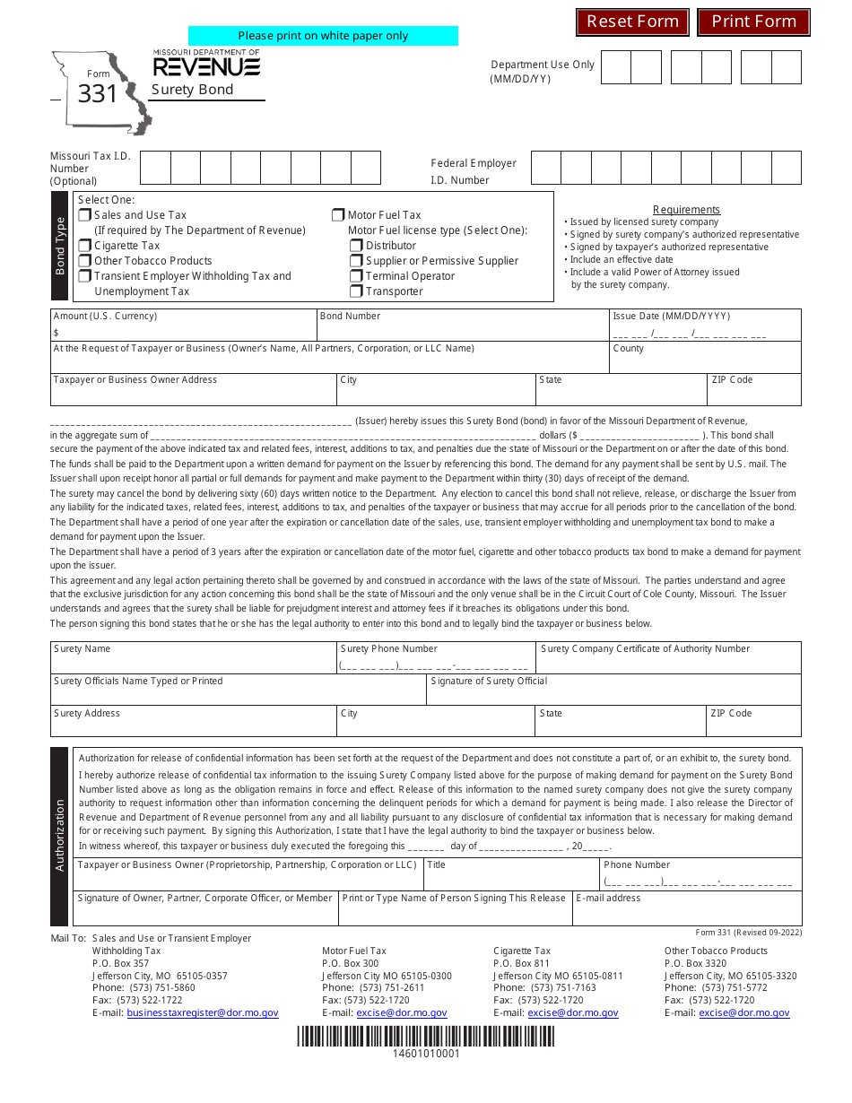 Form 331 Surety Bond - Missouri, Page 1