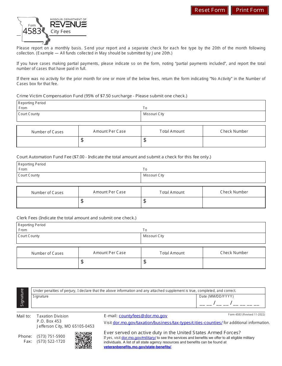 Form 4583 City Fees - Missouri, Page 1