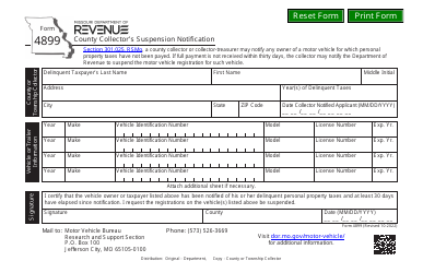 Document preview: Form 4899 County Collector's Suspension Notification - Missouri