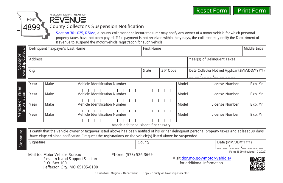 Form 4899 County Collectors Suspension Notification - Missouri, Page 1