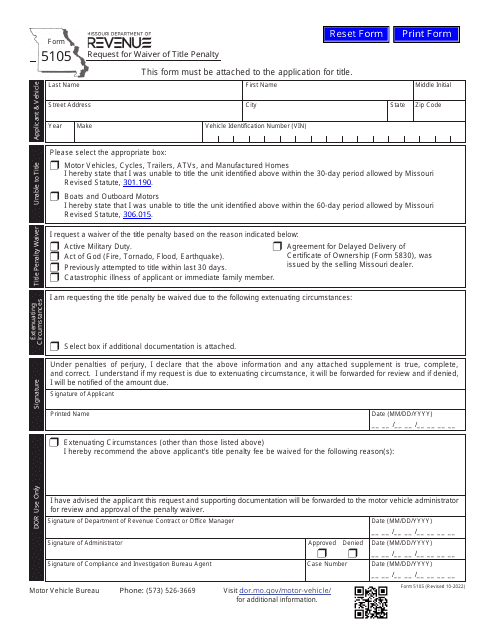 Form 5105 Request for Waiver of Title Penalty - Missouri
