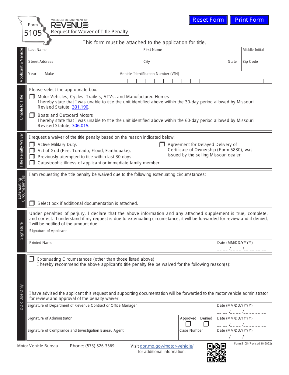 Form 5105 Request for Waiver of Title Penalty - Missouri, Page 1