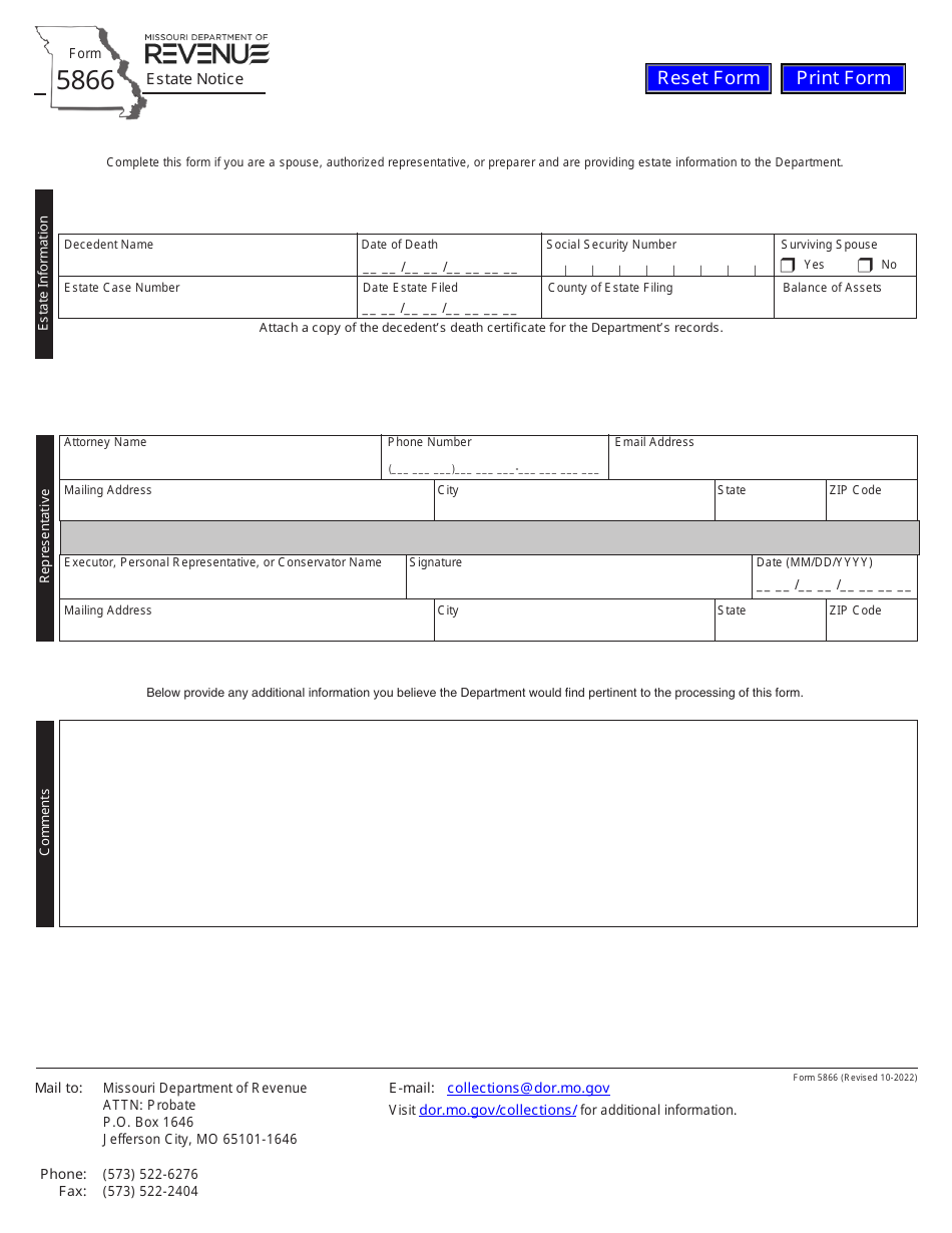 Form 5866 Estate Notice - Missouri, Page 1