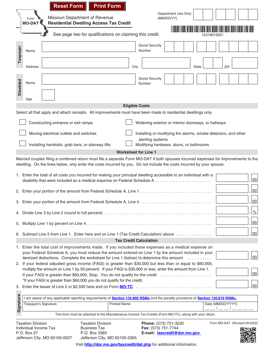 Form MO-DAT Residential Dwelling Access Tax Credit - Missouri, Page 1