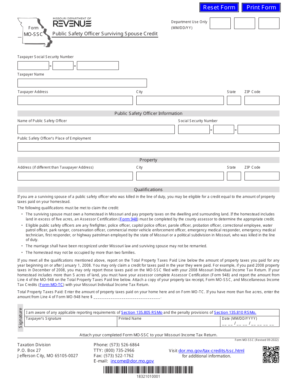 Form MO-SSC Public Safety Officer Surviving Spouse Credit - Missouri, Page 1