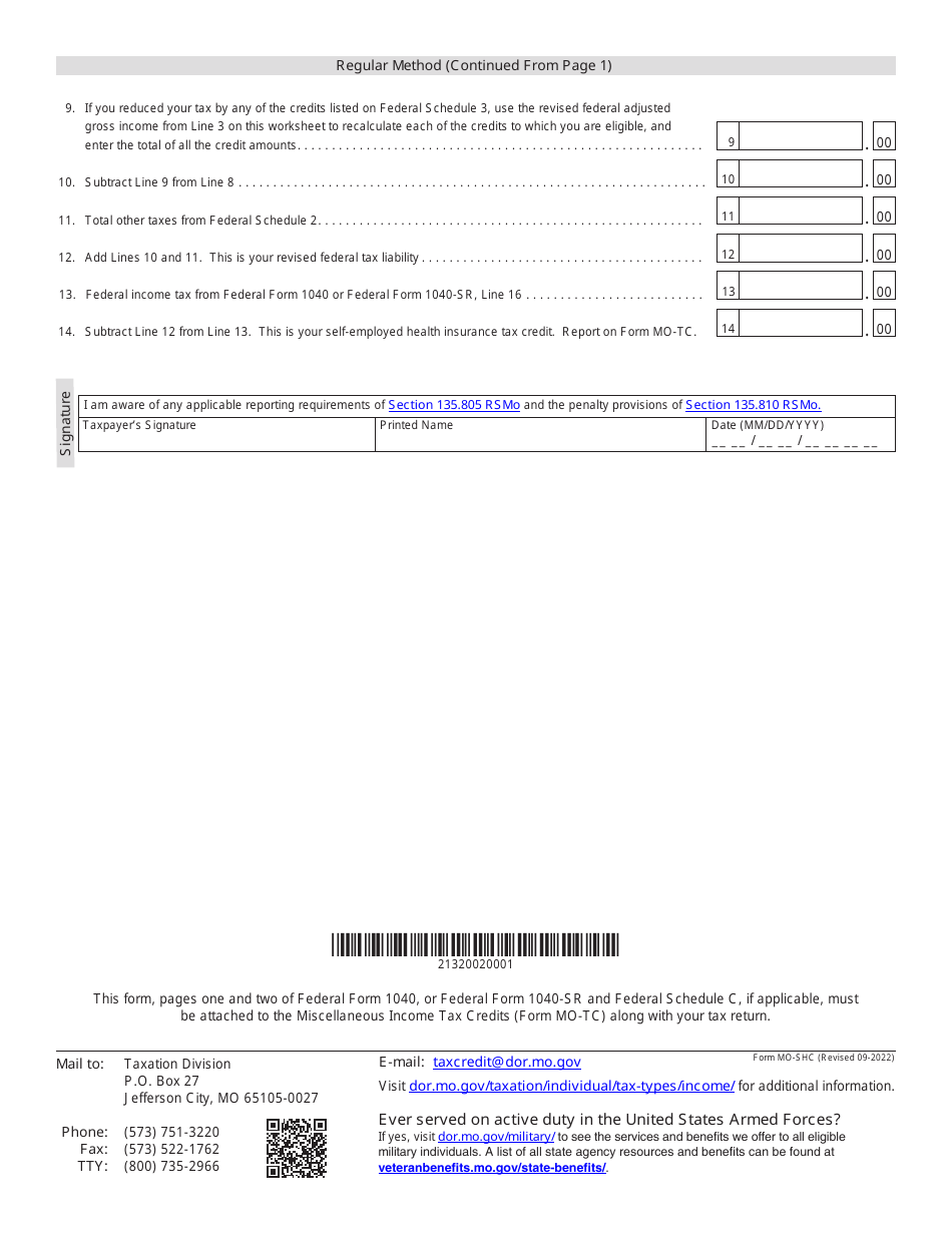 Form MO-SHC Self-employed Health Insurance Tax Credit - Missouri, Page 2