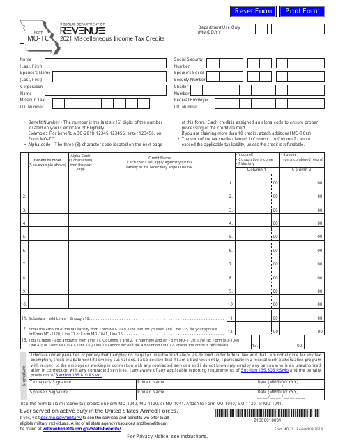 Form MO-TC 2021 Printable Pdf