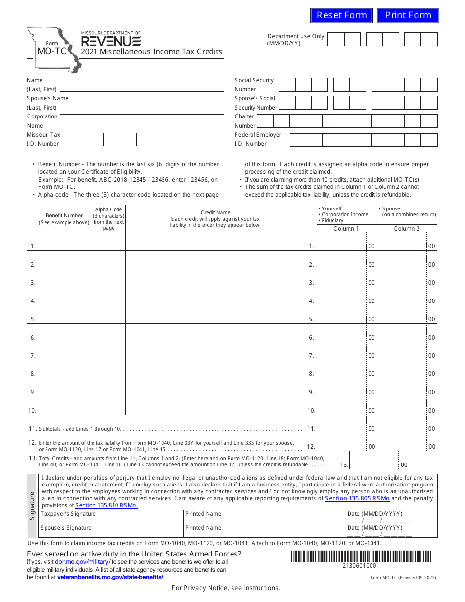 Form MO-TC Miscellaneous Income Tax Credits - Missouri, Page 1