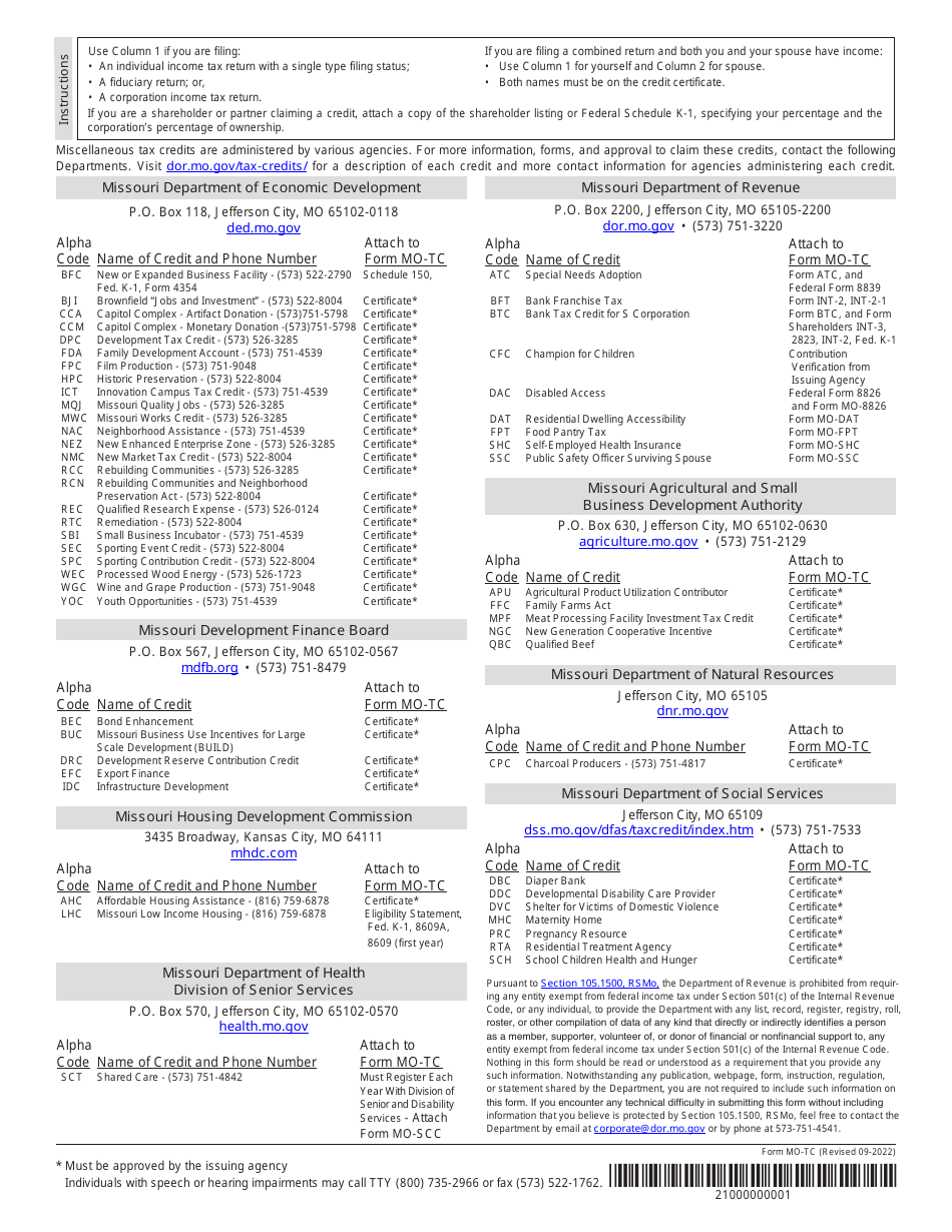 Form MO-TC Miscellaneous Income Tax Credits - Missouri, Page 2