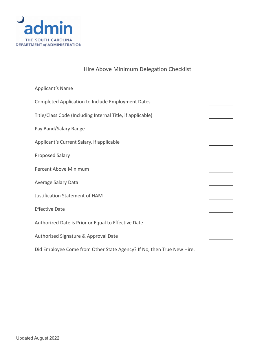 Hire Above Minimum Delegation Checklist - South Carolina, Page 1