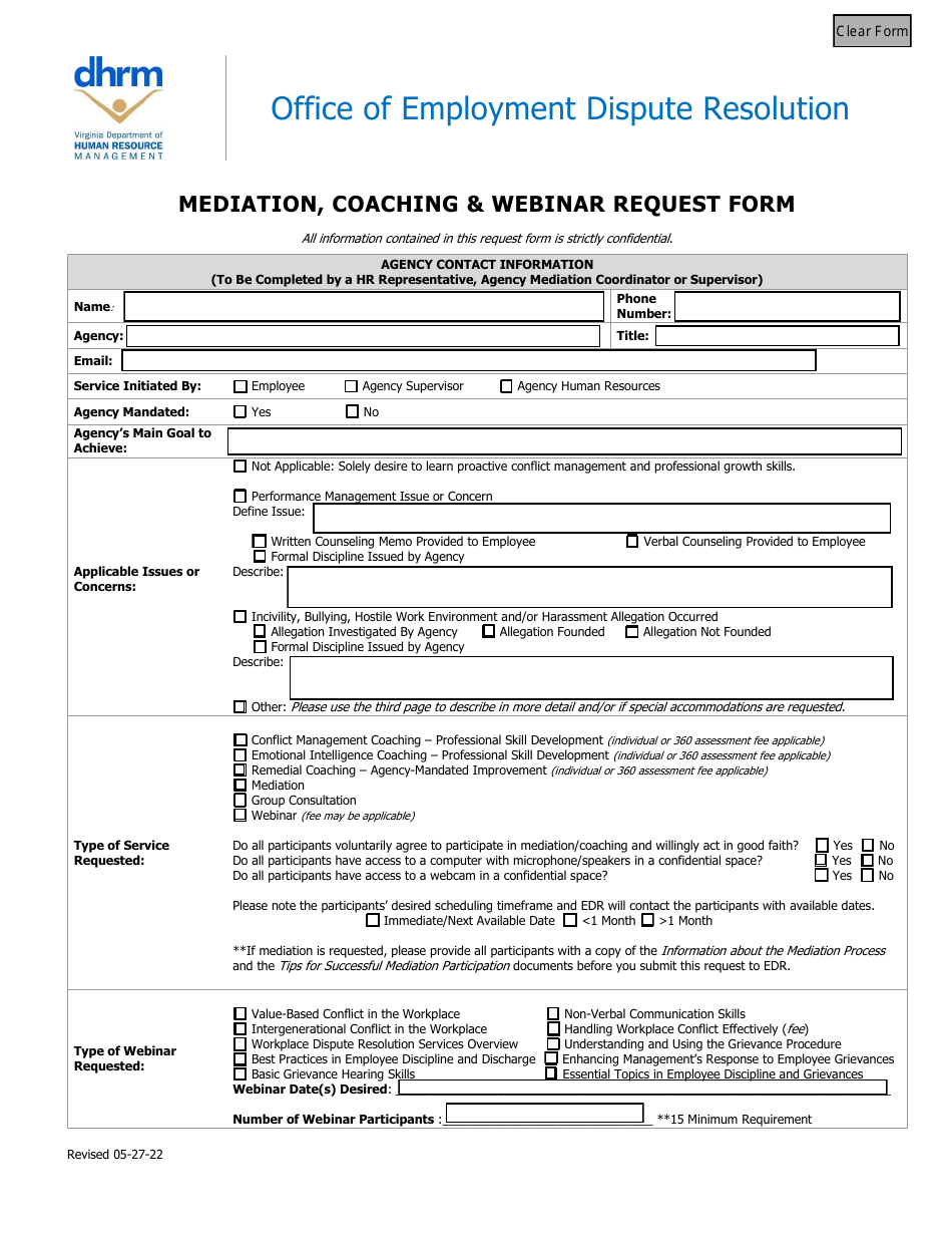Mediation, Coaching  Webinar Request Form - Virginia, Page 1