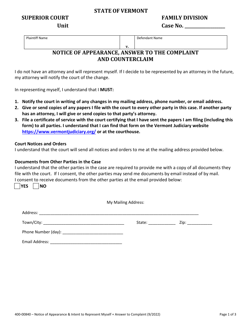 Form 400-00840 Notice of Appearance, Answer to the Complaint and Counterclaim - Vermont, Page 1