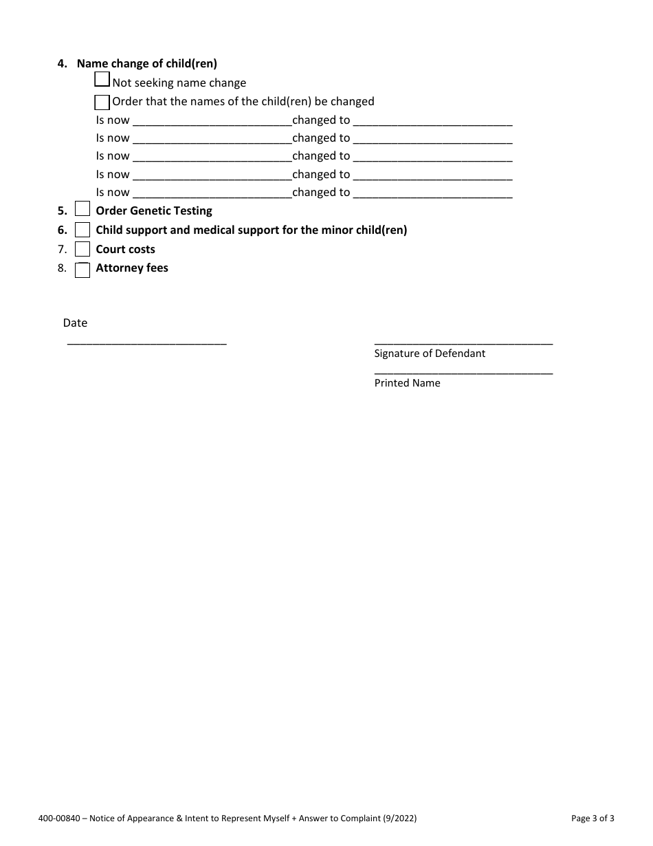Form 400-00840 Notice of Appearance, Answer to the Complaint and Counterclaim - Vermont, Page 3