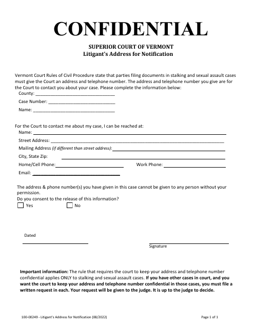 Form 100-00249 Litigant's Address for Notification - Vermont
