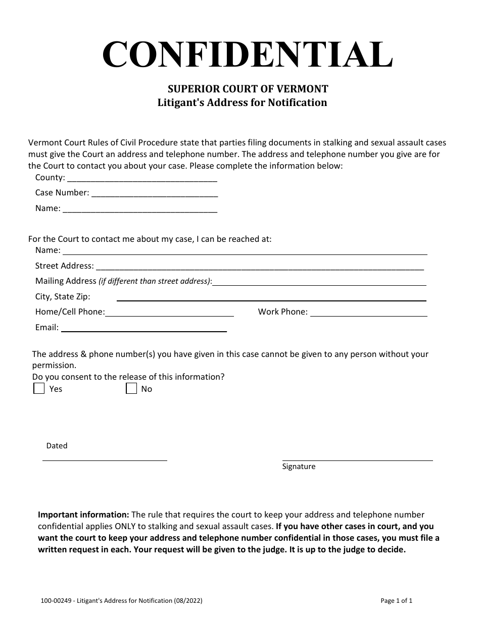 Form 100-00249 Litigants Address for Notification - Vermont, Page 1