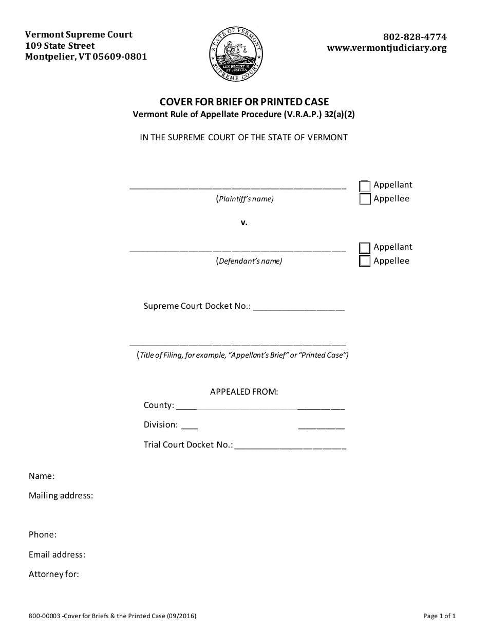 Form 800-00003 Cover for Brief or Printed Case - Vermont, Page 1
