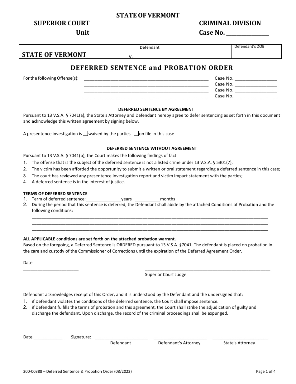Form 200-00388 Deferred Sentence and Probation Order - Vermont, Page 1