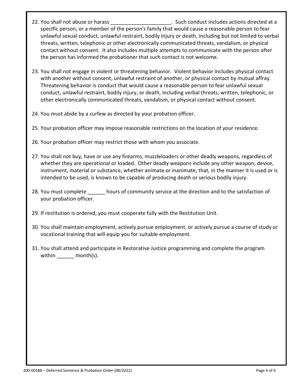 Form 200-00388 Deferred Sentence and Probation Order - Vermont, Page 4