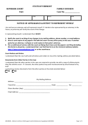 Document preview: Form 400-00823 Notice of Appearance & Intent to Represent Myself - Vermont