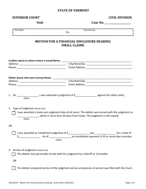 Form 100-00279 Motion for a Financial Disclosure Hearing Small Claims - Vermont