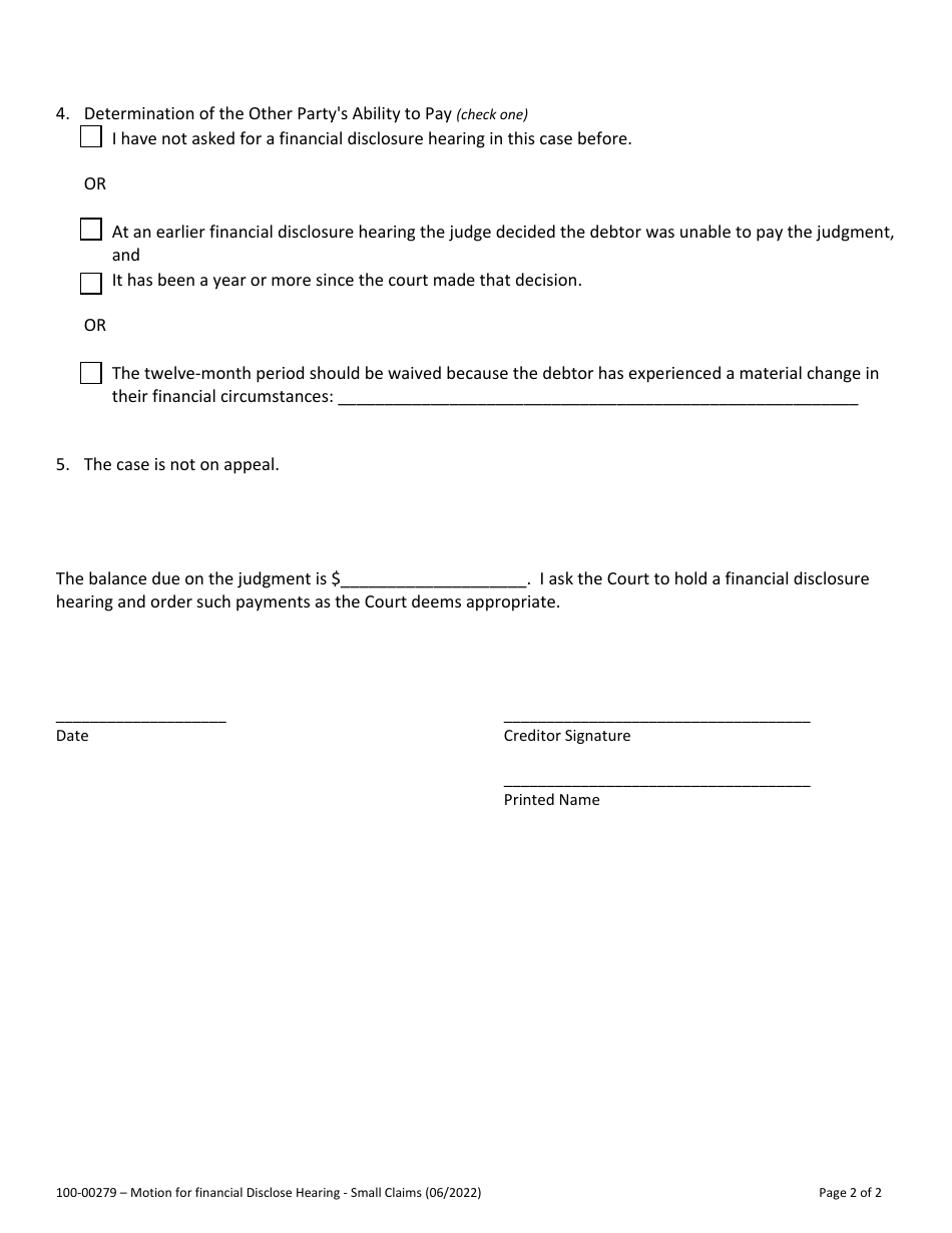 Form 100-00279 Motion for a Financial Disclosure Hearing Small Claims - Vermont, Page 2