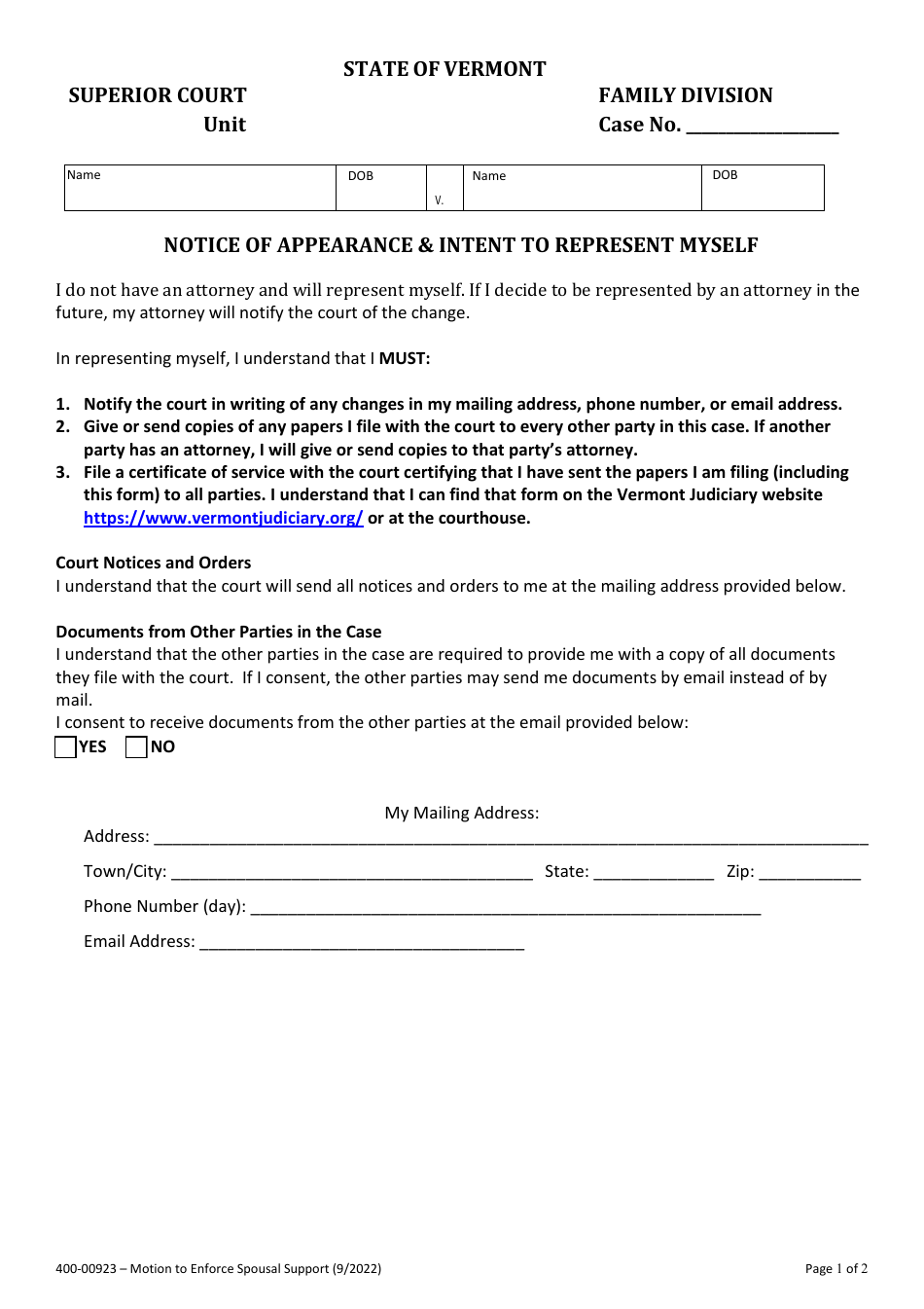 Form 400-00923 Motion to Enforce Spousal Maintenance - Vermont, Page 1
