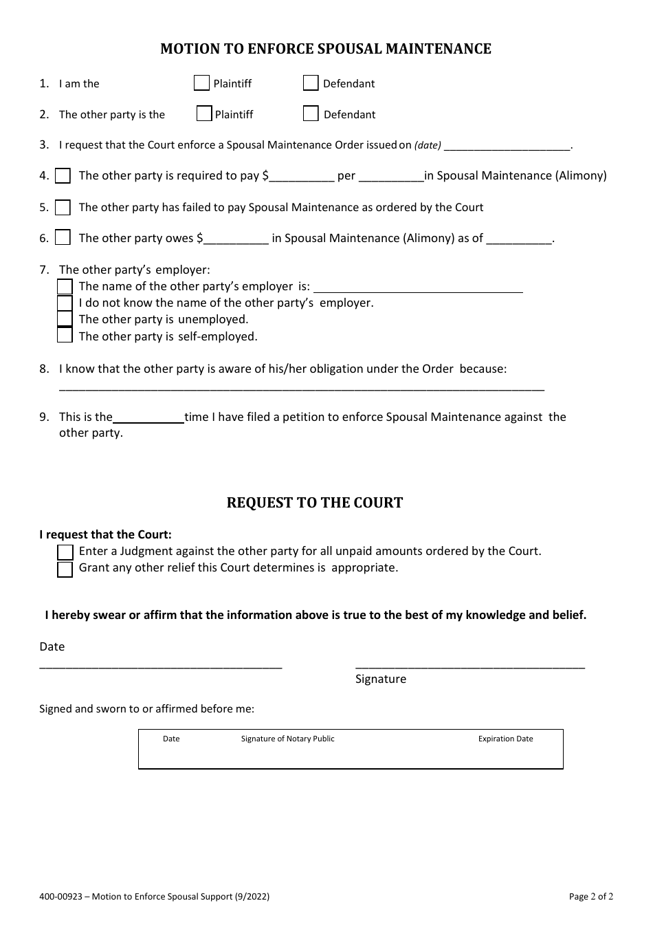 Form 400-00923 Motion to Enforce Spousal Maintenance - Vermont, Page 2