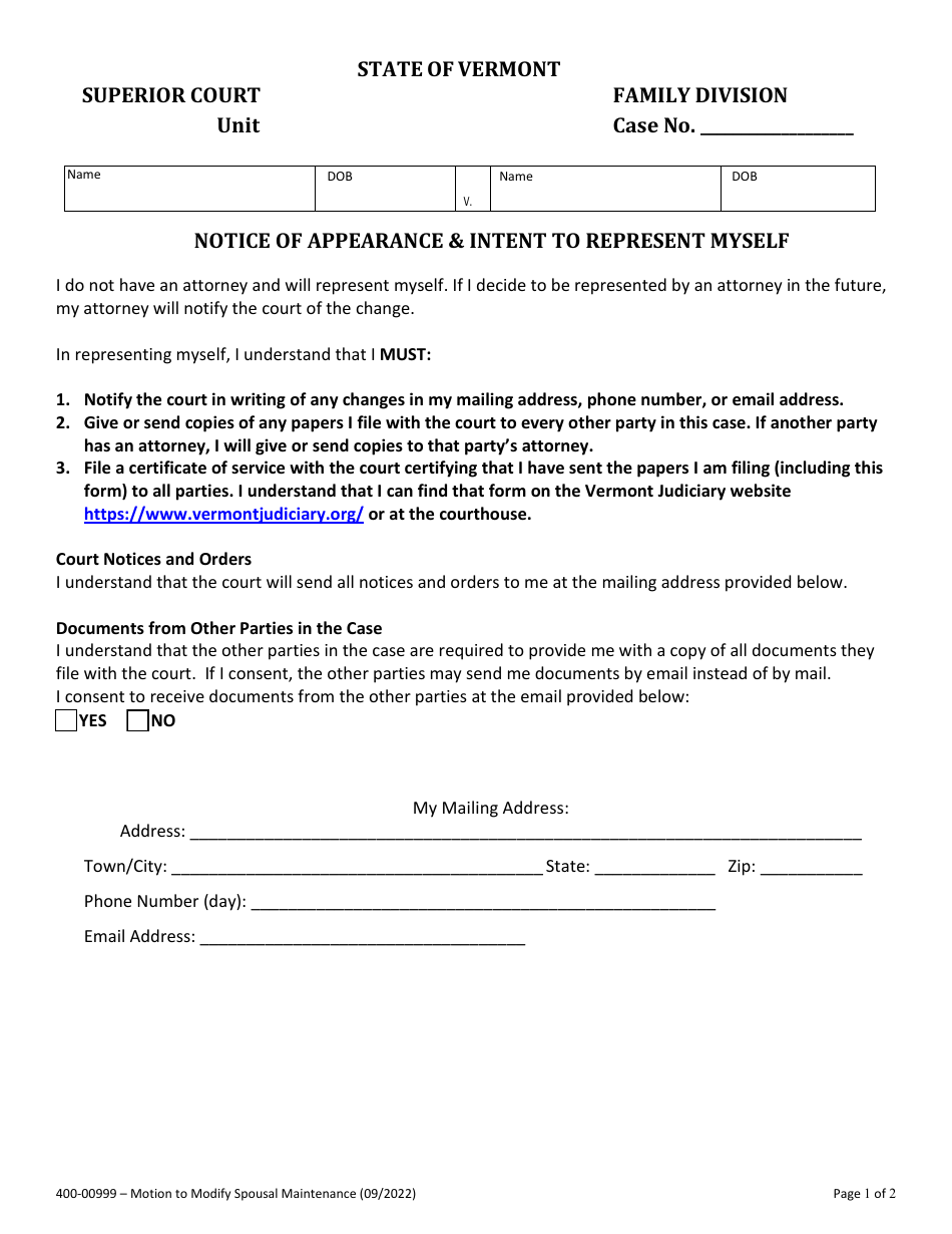 Form 400-00999 Motion to Modify Spousal Maintenance - Vermont, Page 1